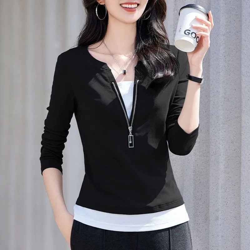 Women'S Fashion Quarter Zip - Damska bluzka z dekoltem w serek,