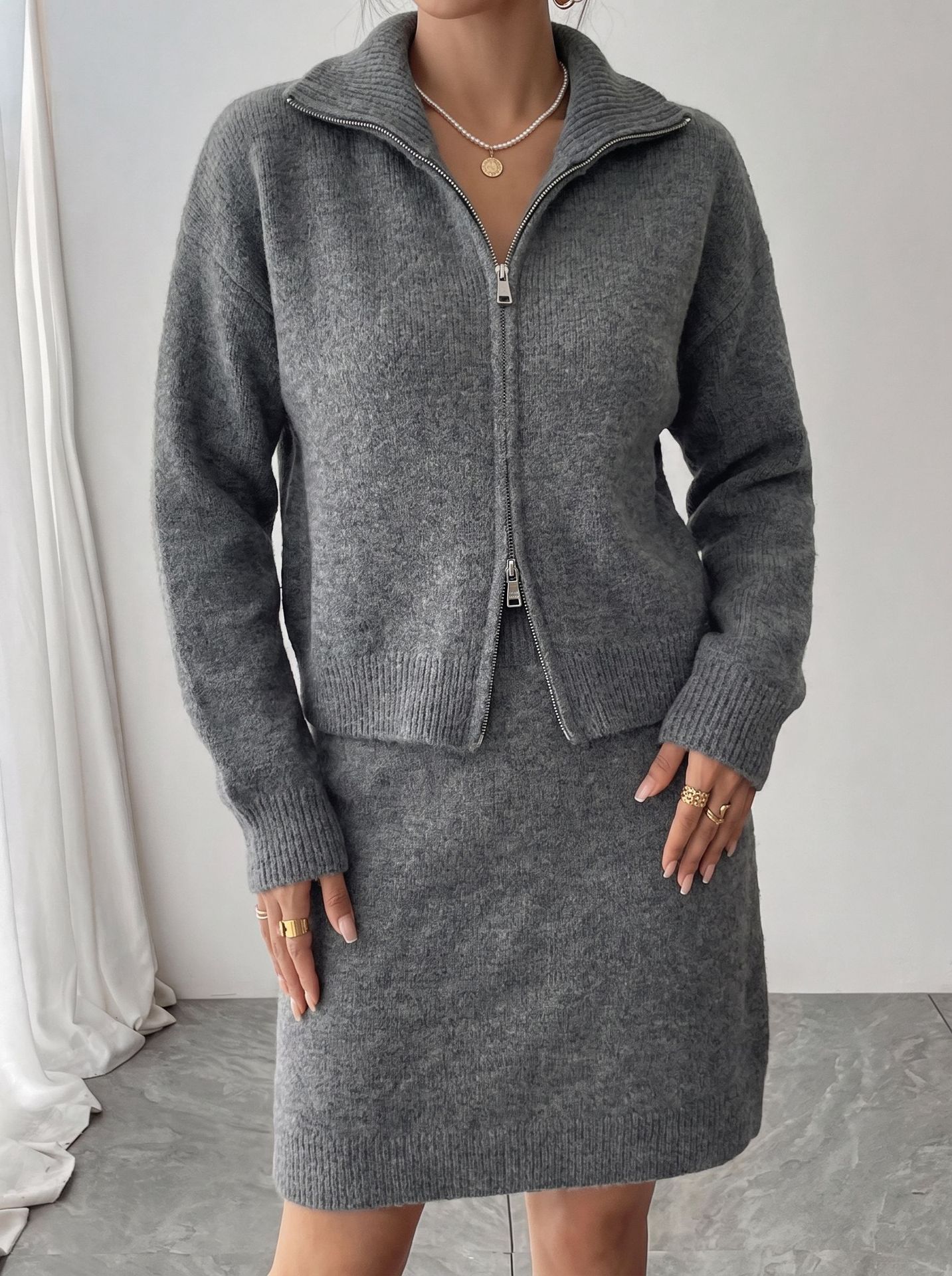 Women'S Fashion Quarter Zip - Elegancki dzianinowy komplet damski na wczesną