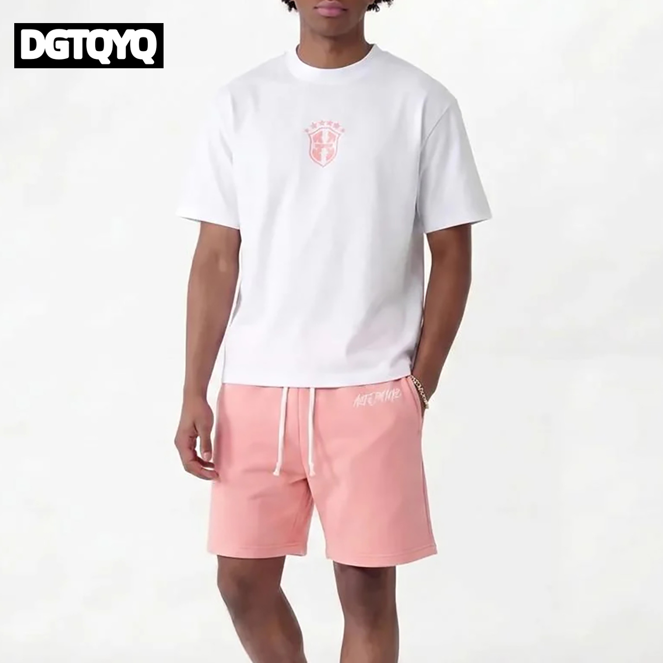 Women And Men Fashion - Męskie letnie nowe różowe haftowane szorty