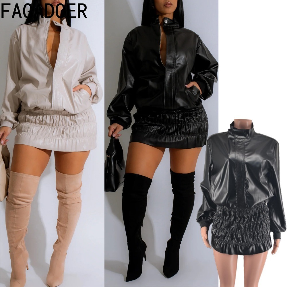 Women'S Fashion Quarter Zip - FAGADOER Punk Leather 2-częściowe zestawy damskie